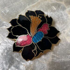 Vintage Cloisonne Hibiscus Flower Scarf Clip
